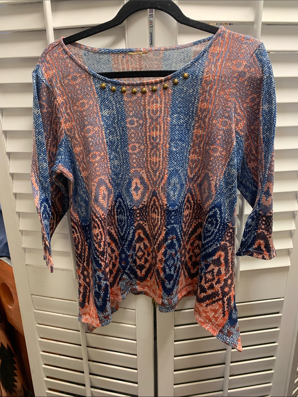 Women's Blue & Coral Long Sleeve Boatneck Top with Stud Detail
